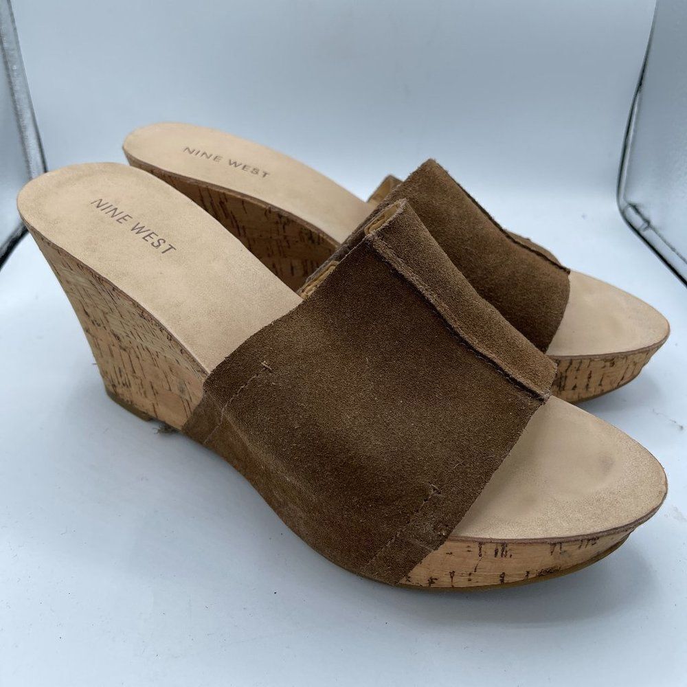 Nine West Leather Brown Wedge Slide Sandals 8.5